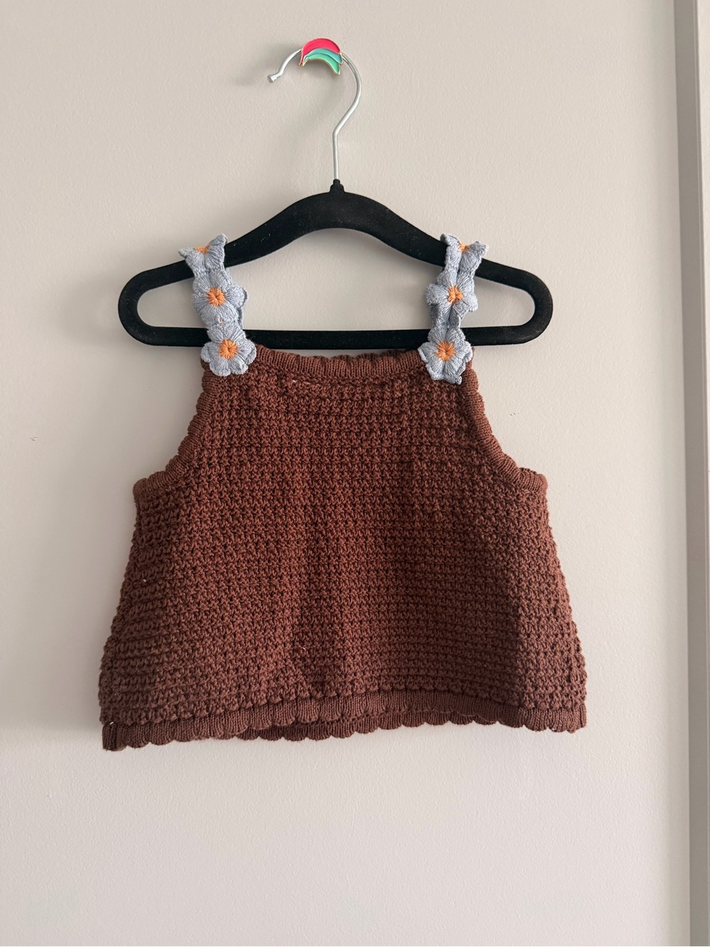 Zara Kids Brown Crochet Tank Top with Floral Straps